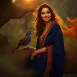 Hyper Realistic photographic-view of a Beautiful-Young-Happy-Pashto-Woman-smiling-with-a-bird-on-his-hand with navy-blue-dress-&-orange-shawl & breeze-whirling in a jungle-with-tall-trees & cloudy-sunset-&-sun-rays showing dramatic & cinematic ambiance