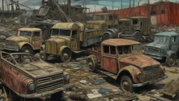 A reddish gray trashed junkyard with broken down construction vehicles painted by Vincent van Gogh