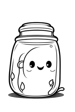 KAWAII ghost stuck in the jar idea, line art, background, vector, svg, black outline on white background, leave plenty of white space beetween lines for coloring, tattoo style, tattoo idea,full body, minimalist