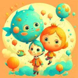 Charming stylized characters. Large heads, big expressive eyes, small, delicate features. Done in the playful and minimalist style of modern children’s book illustration. Diffused outlines, misty, dream-like quality. Colors are warm and subdued illustrating a cheerful demeanor. With a touch of quirkiness. Show me a cute young kid with a balloon in the shape of a big fractal-decoration-covered fish standing on s little planet floating in a sky painted with stars, suns and planets like ones one wo