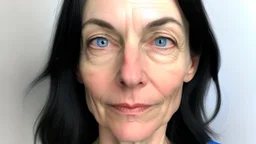 This bitter 45 year old girl has fair skin with blue undertones, light blue eyes and black hair. She's not really tall and extremely muscular.