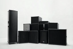 A pile of concert speakers in an empty white room