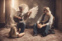 An angel handsome man with a very very!!! short, grey beard and moustache and a grey beret, with round black sunglasses and a shining halo plays guitar, in front of him a 7-year-old girl with blonde-brown hair is listening with her head propped on her elbow on a carpet, ethereal, heavenly, otherwordly, cinematic postprocessing, shading pastel and charcoal in sunshine, watercolor