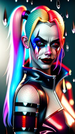 Harley Quinn, violent, high delicate defined details, beautiful, atmospheric, rain, matte, 3 d 8 k octane rendered, sharp focus, illustration, high detail, ultra realistic, highly saturated colors