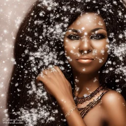 wonderfull african woman, curves, platinum long hair, hair covering one eye, ultradetailed fine art photo of a indian, weet face portrait, snow flakes particles, 35 mm