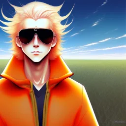 a man in a orange coat is standing in a field, blonde hair, black sunglasses, concept art by Hiromu Arakawa, featured on pixiv, superflat, official art, anime, 2d