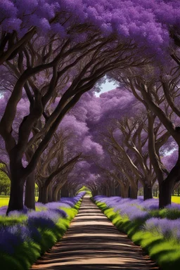 DETAILED PHOTOGRAPH OF BLOOMIMG COLOURFUL jacaranda trees on both sides in a WIDE tarred ROAD with flowers a, dark shadows foliage on both sides byJenny Boon