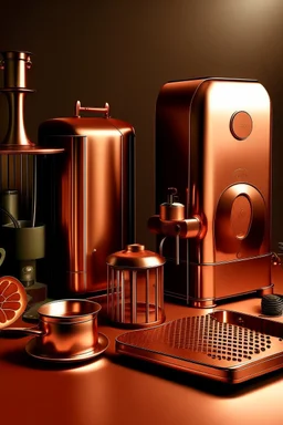 Please produce a photo of copper-inspired electrical household appliances for the cover of a poster.