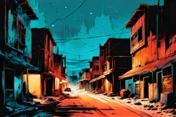 create a hyper detailed illustration of a small southwestern ghost town in the comic art style of FRANK MILLER and BILL SIENKIEWICZ, searing lines and forceful strokes, precisely drawn, boldly inked, with gritty textures, vibrant colors, dramatic otherworldly lighting