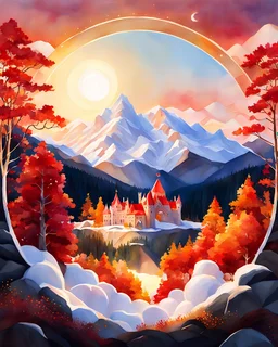 Watercolor-style sunset casting warm hues over craggy mountains, sun reimagined as a Canadian maple within a crisp white circle outlined in red, adjacent to a whimsical castle constructed from marshmallows and joined by toothpicks, inhabited by cat-like figures crafted from marshmallows, playful shadows, golden hour light, ultra fine detail, digital painting.