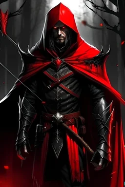 Huntsman wearing black and red clothes with bloody bow and bloody cape