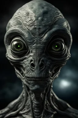 extraterrestrial being, grey skin, big black eyes, no mouth, reptilian mode