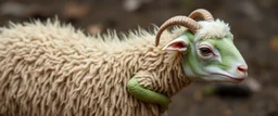 a sheep with no hair or wool, and green lizard like skin