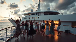 a group of young ladies and young men are dancing to camera on deck of a huge moder ship in oceion ,cloudy sun set sky