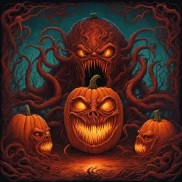 Surreal Lovecraftian monstrous Jack-O-Lantern, stunning pumpkin carving inspired by Eldritch Cthulhu mythos, dramatic expansive fantasy horror masterpiece, by Zdzislaw Beksinski, by David Seidman, impressionism, vibrant dark colors, evil pumpkin carving, dramatic, deep red-black-orange colors