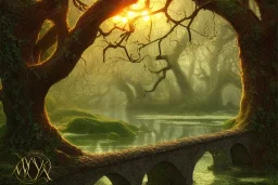 book cover!!!!!!!!!!!!, old bridge, ivy leaves graphic vectors at each border, fantasy forest landscape, fantasy magic, light night, intricate, elegant, sharp focus, illustration, highly detailed, digital painting, concept art, matte, art by wlop and artgerm and ivan shishkin and andrey shishkin, masterpiece