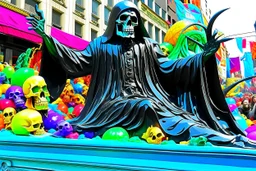 macys thanksgiving day parade style cartoonish giant baby jesus floating parade balloon pulled by multiple grim reapers, multi colored, bright, vivid, psychedelic, high detailed, high gloss, insanely detailed, matte, horrorcore, lining the street, unsettling contrast, monument to death, live action shot grim reaper parade, pulling a jesus parade float
