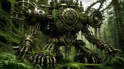 A massive, ornate mechanical creature with intricate gears and pipes, surrounded by a lush, overgrown forest environment with towering trees, vines, and moss-covered rocks