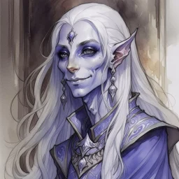 dnd, fantasy, watercolour, large strokes, stylistic, portrait, illustration, dull colours, woman, dark elf, drow, face, narrow long face, cruel face, cold demeanor, purple eyes, piercing eyes, vicious expression, smiling, white hair, very long hair streaming down the shoulders, lush hair, elegant, short small mouth, cruel smile