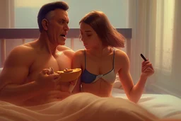 Digital painting of dad and two beautiful young teenage girl in a swimsuit on a bed. eating a banana. with dad, artstation, 8k, extremely detailed, ornate, cinematic lighting, vivid.