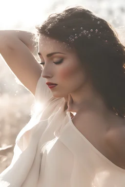 model in a wheat field, surrounded by red soap bubbles