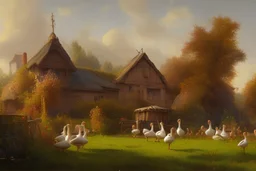 Peder Mork Monsted style, farm yard with ducks geese hens, chariot