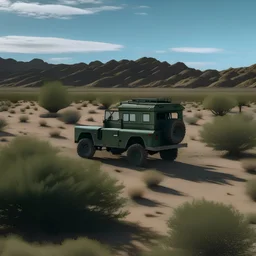 A flat area of ​​land with desert plants showing a dark green Land Rover