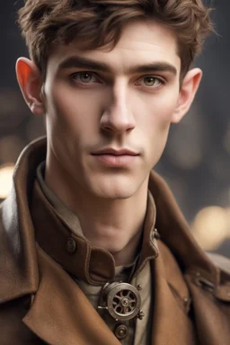 young elf man of twenty years old, with brown eyes, short brown hair, dressed in a steampunk style trench coat.