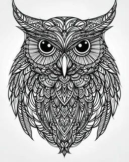 symetrical owl tattoo, coloring book page, clean line art, adults drawing book, Black and white only, crisp black lines, sharp lines, coloring page for adults, black and white picture, lots of details, tattoo style,tattoo ideas, full body, without shadows and colors