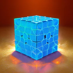 a blue metallic 4d cube inside a 4d orange rotating cube in a 4 dimension environment