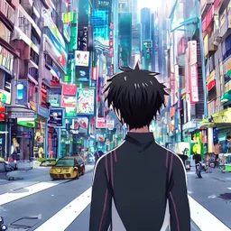 Anime boy in cyber city streets