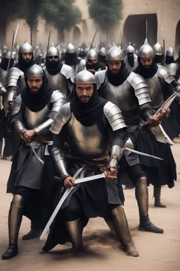 Make me a picture of a group of Muslim knights, assassinating many people, dressed in black