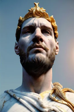 Realistic image, Roman sculpture made in white marble with gold veins, Lionel messi with gold laurel leaves crown, decorative star on the chest, waist up portrait, marble material, gold ornaments, Baroque style, sun rays background, epic, celestial, cinematic lighting, God lights, 4k resolution, smooth details, soft lighting, unreal engine 5, art station, substance 3d.