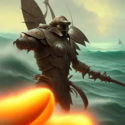 an ibis warrior in orange and green full battle armor, background of giant crashing ocean waves, a highly detailed illustration, realistic render, 8 k, micro detail, intricate, elegant, centered, digital painting, smooth, sharp focus, illustration, artgerm, tomasz alen kopera, peter mohrbacher, donato giancola, joseph christian leyendecker, wlop, boris vallejo