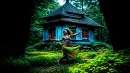 slim nymph dancing in a woodland clearing, with a woodland house behind her. vibrant colour