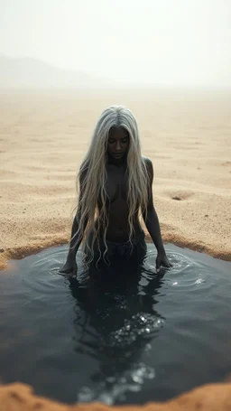 A hyper realistic photo of: Some forgotten realms strong dark skinned draw beautiful girl with long white hair wades into a strongly dark grey colour emitting magically radiating and bubbling color pool in an endless windswept level landscape of only sand and grit. photorealistic, bokeh, masterpiece, smooth shading, ultra detailed, high resolution, cinematic, unreal 6, subtle shadows, octane render, 8k, cinema 4d, HDR, dust effect, vivid colors, thin line draw