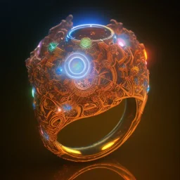 Ring made by wood roots and shreds of glass, orange diamonds sparkles, red rubi fragments around, blue lights reflexes, complex structure, gold details, intricate ring pattern,Unreal Engine 5, lens macro,sharp focus, realistic, hyper detailed, studio lighting, neon light ambient,