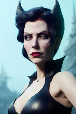 Lene Nystrøm as evil queen in black leather, busty, cleavage, voluptuous, Aqua Lene, angry, stern look. character design by cory loftis, fenghua zhong, ryohei hase, ismail inceoglu and ruan jia. unreal engine 5, artistic lighting, highly detailed, photorealistic, fantasy