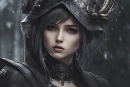 Beautiful girl with skull in her face in 8k nier automata artstyle, Wednesday them, hollow knight Custom, close picture, rain, fantasy world, intricate details, highly detailed, high details, detailed portrait, masterpiece,ultra detailed, ultra quality