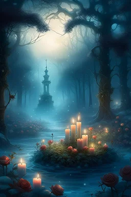 CANDLES ARE BURNING IN A WONDERFUL CLEARING IN A MAGICAL FOREST, THE NIGHT IS FULL MOON, SNOW, MAGIC Watercolor, double Chinese rose bush, ultra-detailed, morning, rain, greenery, beautiful landscape, fog, many details, delicate sensuality, realistic, high quality, 3d, work of art, hyperdetalization, filigree, foggy haze background, hyperrealism, professional, transparent, delicate pastel tones, back lighting, contrast, fantastic, unreal, translucent, glowing, clear lines, epic fabulous, fab