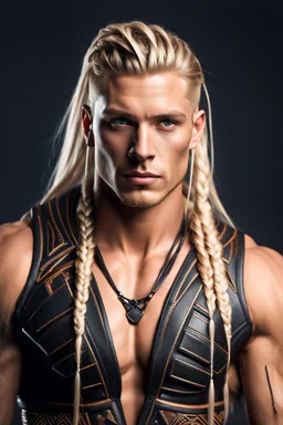 photorealistic hyperdetailed portait of 28-year-old german muscular male, with long blonde braided and undercut hair, tribal and neatly trimmed beard, modern clothing, modern fantasy