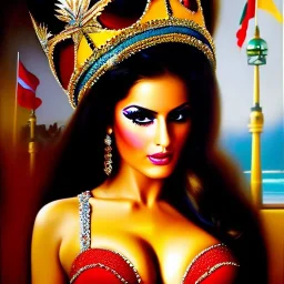 portrait of busty beautiful 'queen Carnival Rio de Janeiro', painting by simon Bisley , oil on canvas, cinematic composition, extreme detail,fit full head inside picture,8k