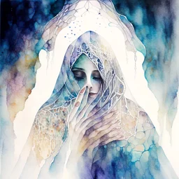 A watercolour painting, A person gazing through a translucent veil that separates the physical world from the realm of imagination. The veil could be adorned with intricate patterns, symbols, and dream-like imagery, representing the enigmatic nature of the imagination. As the person reaches out to touch the veil, their hand appears to merge with the fantastical visions on the other side.