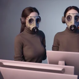 cute girls sitting at the computer in military gas masks. the masks are checkered.