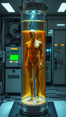 Sleeper in tube cabinet made of glass filled to the top with honey coloured liquid , in a laboratory inside it a human body standing vertically , connected with wires and electrical wires , the human standing in side, a high tech equipment in the background ,4K, cinematic, high resolution