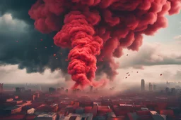 a huge cloud of red smoke, raining coins, above a peaceful city, cinematic masterpiece, nostalgia filter