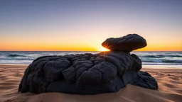 High-resolution landscape photograph featuring a coastal rock formation at sunset. The image showcases a unique, mushroom-shaped rock in the foreground, with intricate erosion patterns and textures. The rock has a dark, weathered appearance, contrasting with the smoother, lighter-colored sand around it. The background reveals a calm ocean with gentle waves, and the sky transitions from a deep blue at the top to a warm, golden hue near the horizon, indicating the setting sun. The overall composit