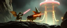 volume fog light, hyper real close up on rock ant cricket duck priest gremlin man general with hi tech transcendent lazer plasma blaster arsenal from hell, guarding bridge up to space saucer neon plastic transparent