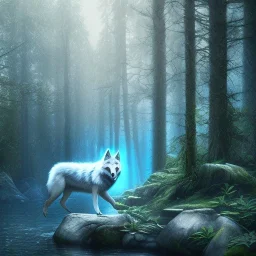 wolf, water, blue, forest, masterpiece, expert, 8K, hyperrealism, sharp focus, cinematic lighting