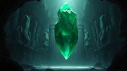 A massive chiseled jade crystal floating in the center of a massive underground temple, deep, dark cave, fantasy art style, 2d digital art